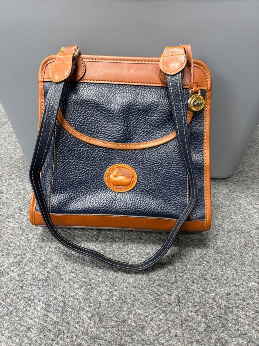 Vintage Dooney & Bourke Navy and Tan Pebbled Leather Shoulder Bag